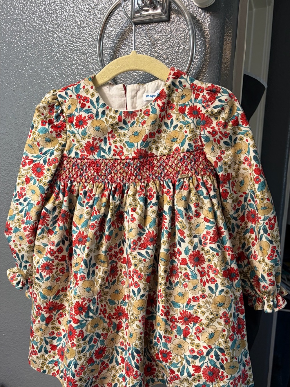 Mayoral Red, Yellow & Blue Floral Smocked Long-Sleeve Dress